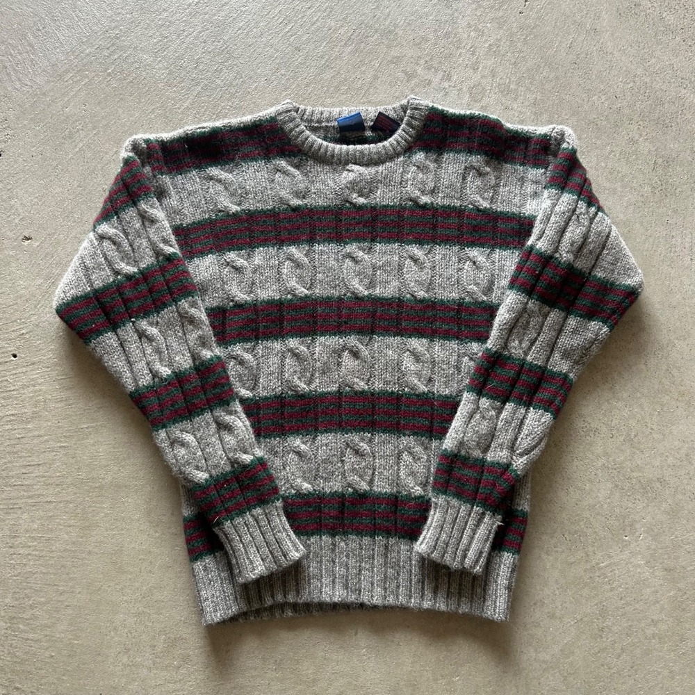 Vintage 90s Woodward Sweater Size Medium Gray Striped Pullover Wool Cable Knit